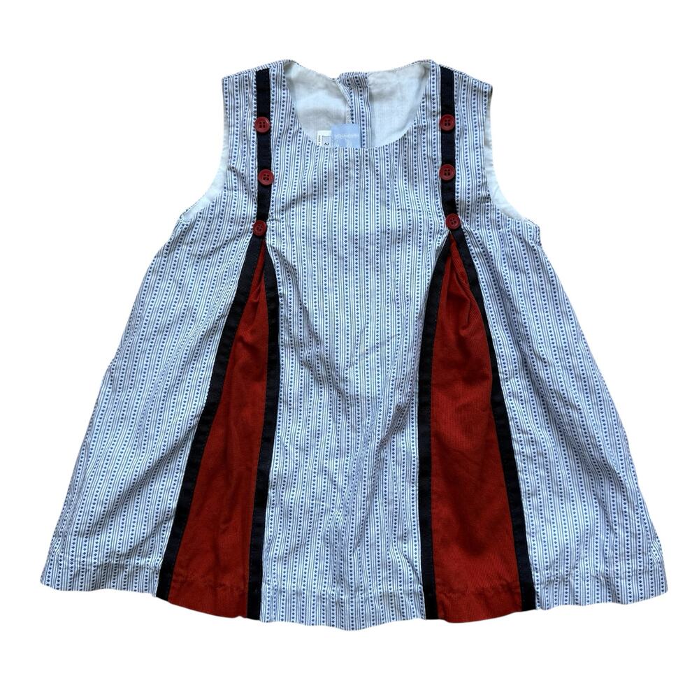 Bella Bliss Dress 2T Blue Red Stripe Strap Buttons Seersucker Cotton Linen USA